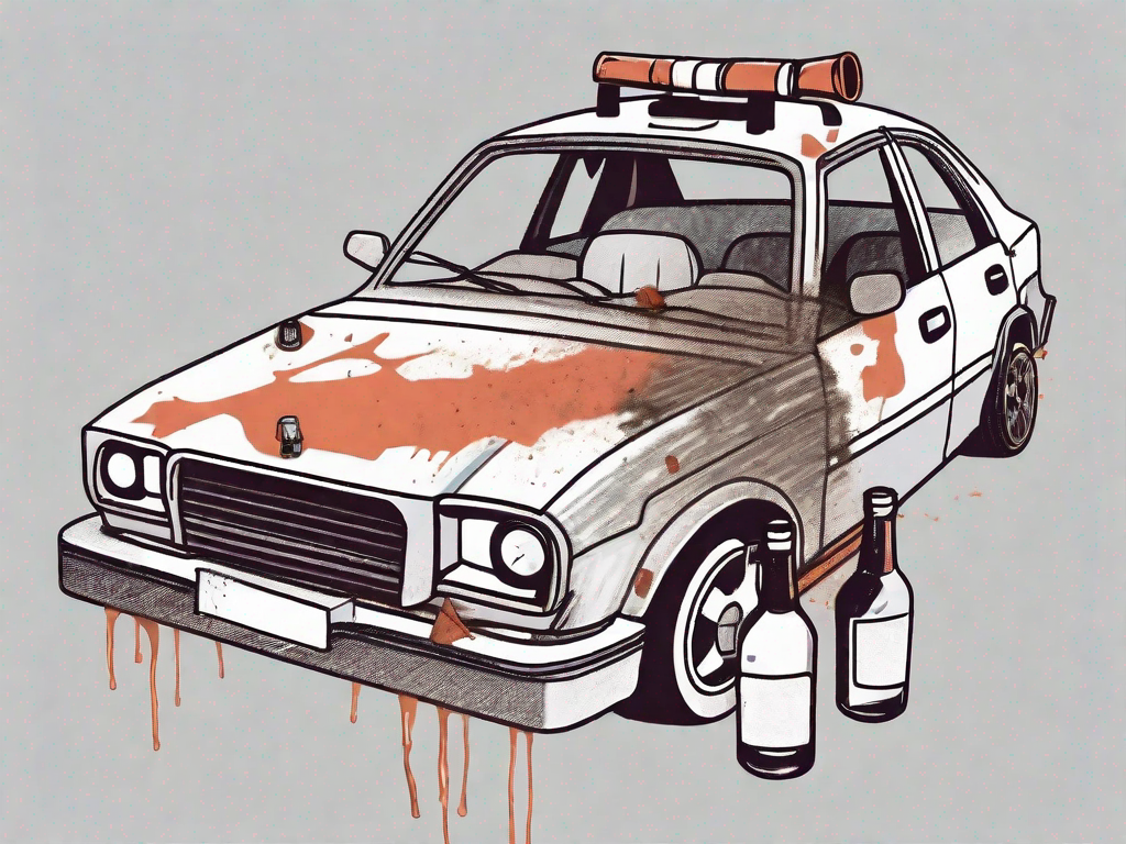 The Consequences of Impaired Driving at or Over .80 A wrecked car with a broken bottle and a breathalyzer