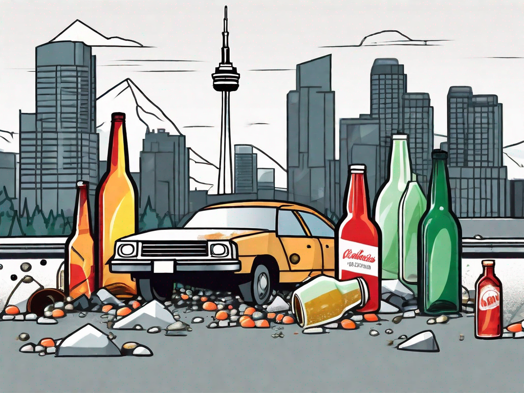 DUI Car Accident Defence in Canada A car accident scene with a broken traffic light and scattered beer bottles around