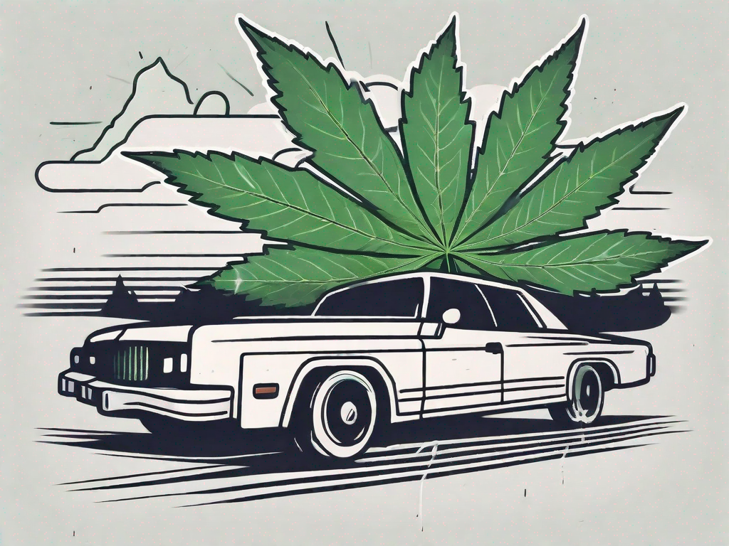Driving While High on Cannabis in Canada A car on a canadian road with a cannabis leaf symbol hovering above it