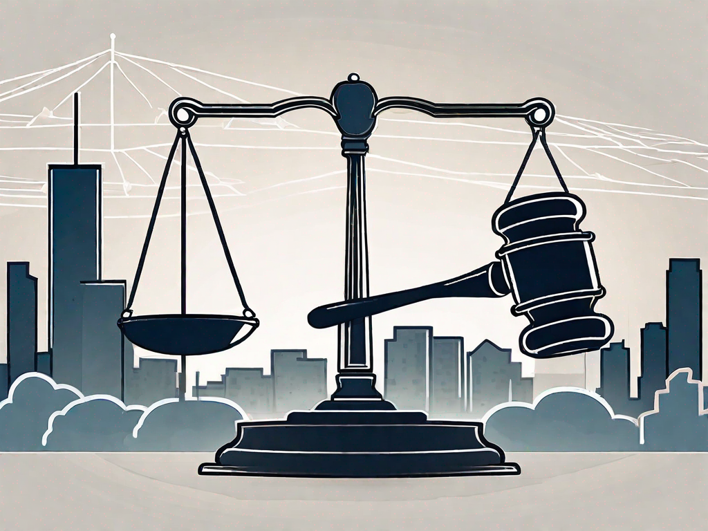 DUI lawyer in Kamloops A gavel and a scale of justice with a backdrop of kamloops cityscape